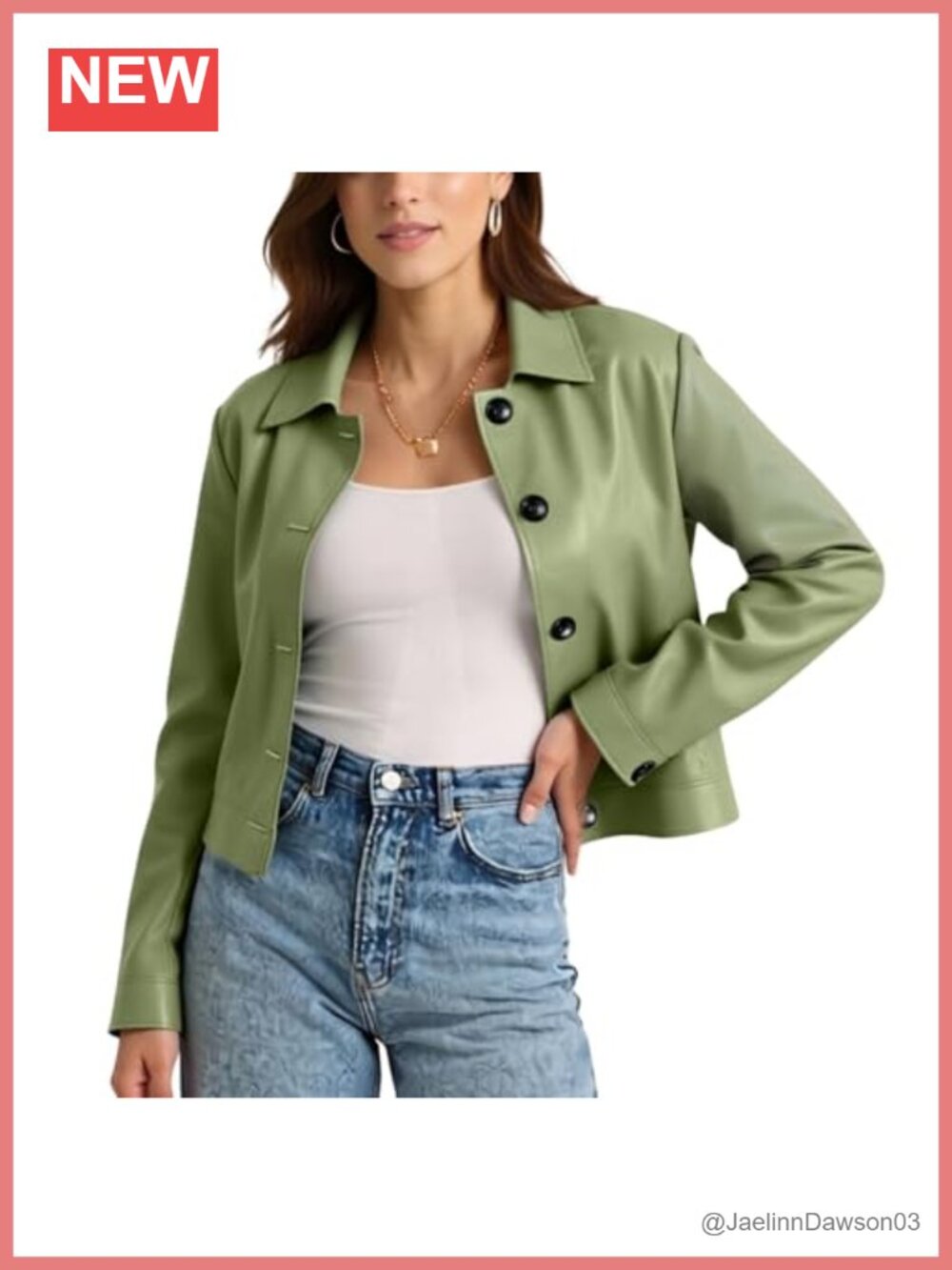 Faux Leather Cropped Jacket Button Down Collared Lightweight Casual